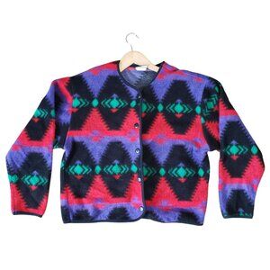 Vintage 90s David Wayne Navajo Style Aztec Print Button Up Cardigan Sweater Cozy